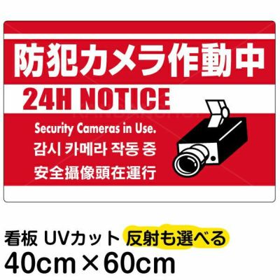 イラスト看板 防犯カメラ作動中 中サイズ 60cm 40cm 表示板 赤地 監視カメラ 看板ショップ