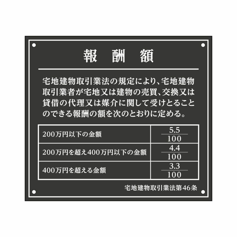 業者票 「報酬額」 許可票 プレート 室内用の掲示表示板 マットな黒色プレート アクリル板 ブラック 文字入れ加工込 宅建 管理 壁面取付OK ステンレスよりも軽い 商品一覧/プレート看板・シール/法令許可票