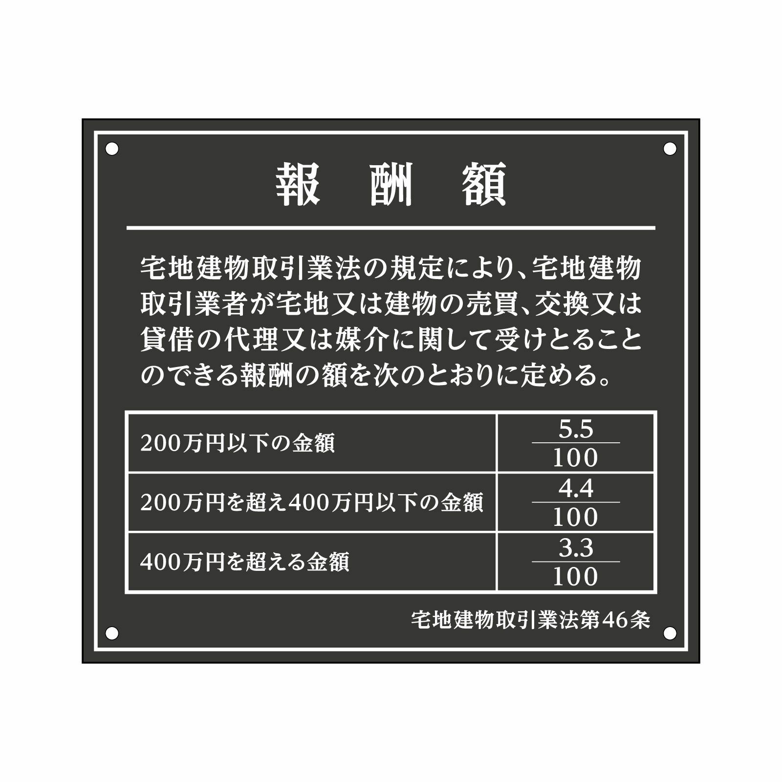 報酬額の定め標識（アクリル製・マットブラック）UV印刷 文字加工費 