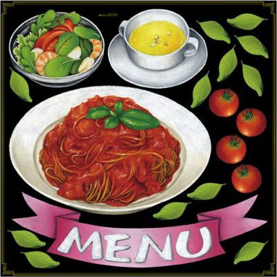 シール パスタ トマトソース コーンポタージュ サラダ menu リボン トマト 装飾 デコレーションシール チョークアート 窓ガラス 黒板 看板 POP ステッカー 商品一覧/プレート看板・シール/シール・ステッカー/デコレーション/洋食・カフェ店