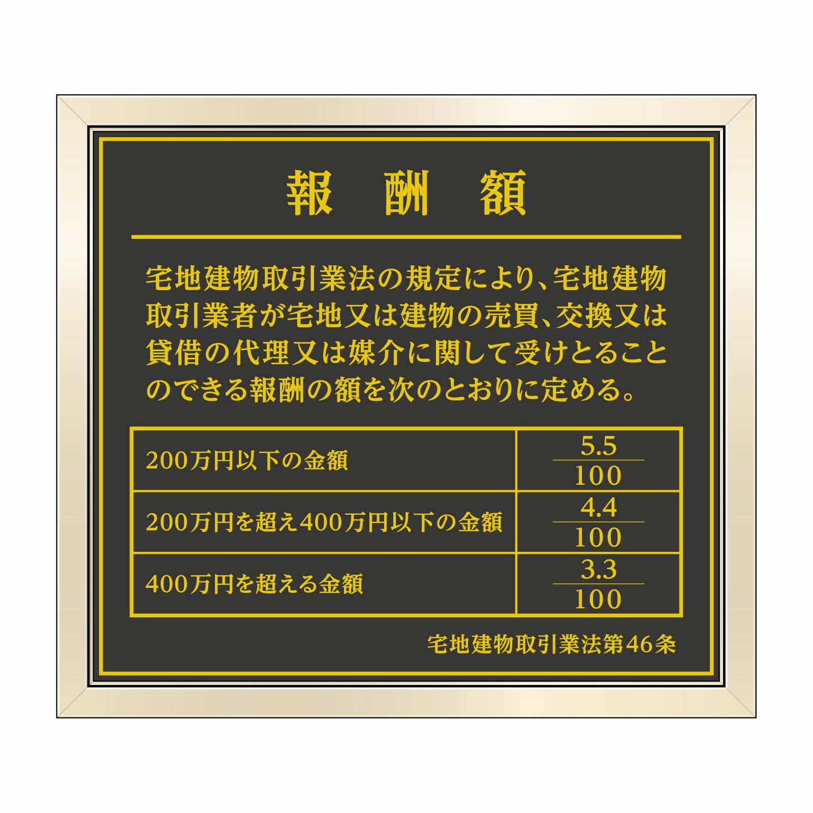 報酬額の定め標識（塩ビミラー製・ゴールドブラック）全面UV印刷 文字加工費無料 壁面取付けおしゃれな許可票プレート