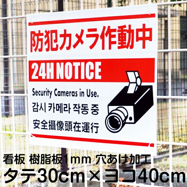 防犯看板 防犯カメラ作動中 30cm×40cm 英語 韓国語 中国語の表記対応 イラスト入り 迷惑駐車 違法駐車 不法投棄 私有地立入禁止の対策プレート看板