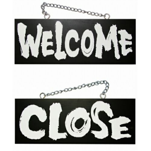 ドアプレート 木製 サイン 看板 「 WELCOME CLOSE 」 ウエルカムクローズ 両面 （ H15cm×W40cm 中サイズ 黒地 英語 手書き 筆文字風 ） メーカー直送